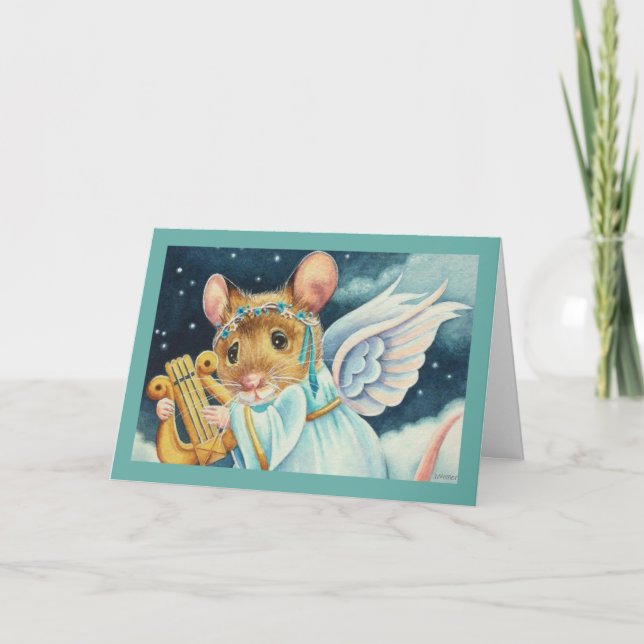 Tarjeta Navidades Angel Mouse jugando arte acuarela de Lyr (Anverso)