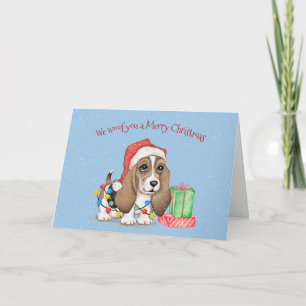 Tarjeta Navidades atormentan perro en luces obscenas