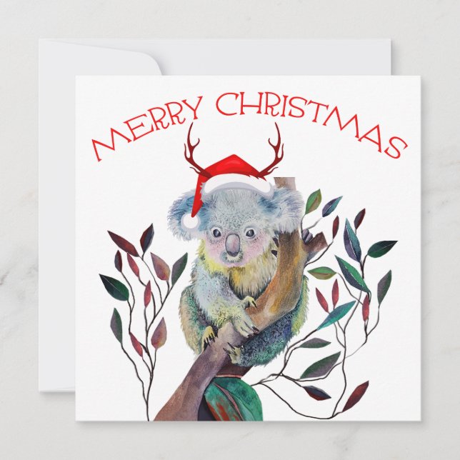 Tarjeta Navidades australianos Koala Santa Hat Red Green (Anverso)