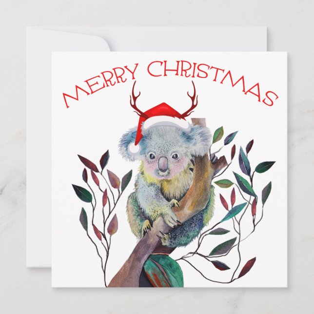Tarjeta Navidades australianos Koala Santa Hat Red Green (Anverso)