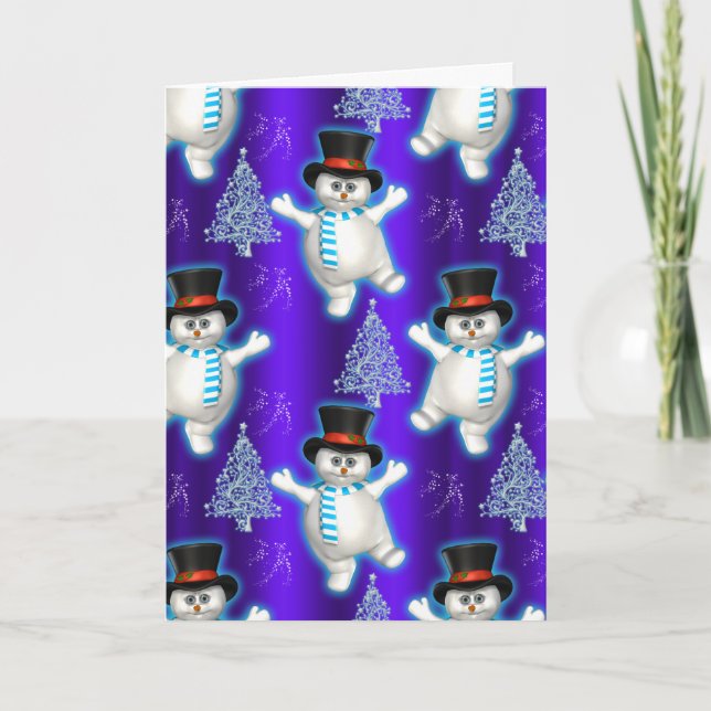 Tarjeta Navidades azules de baile de muñecas de nieve (Anverso)