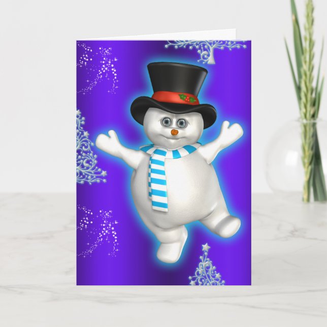 Tarjeta Navidades azules de Snowman bailando a la ligera (Anverso)