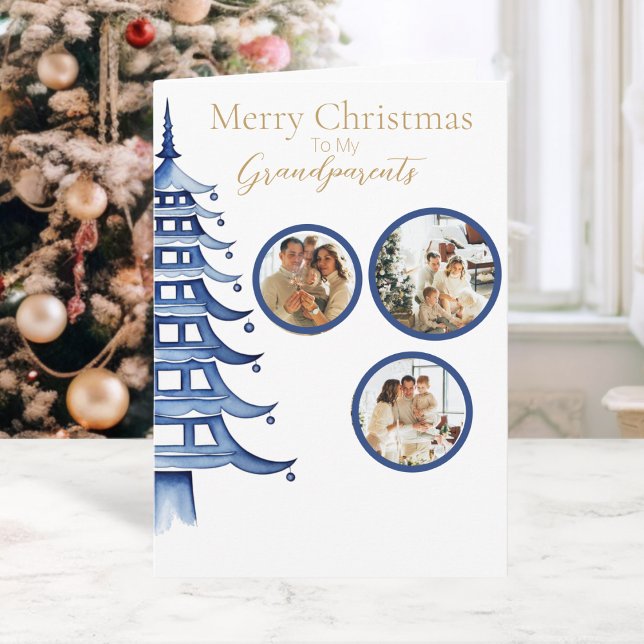 Tarjeta Navidades Azules Pagoda Árbol Abuelo 3-Foto (Blue Christmas Pagoda Tree Grandparent 3-Photo Card)