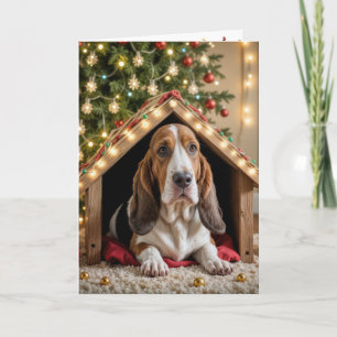Tarjeta Navidades Basset Hound en una casa de perros
