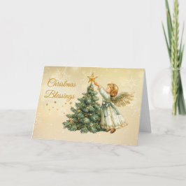 Tarjeta Navidades bendicen a Angel decorando estrella de á