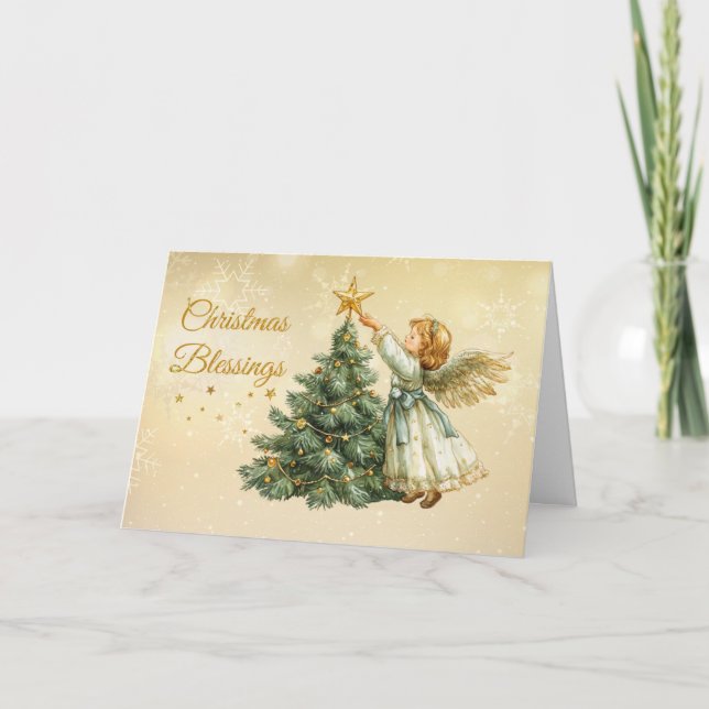 Tarjeta Navidades bendicen a Angel decorando estrella de á (Anverso)