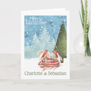 Tarjeta Navidades besando conejos conejitos en suéter inve