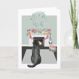 Tarjeta Navidades Black Labrador Dog Fireplace Scene
