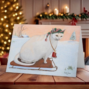 Tarjeta Navidades blancos festejan gato en nieve