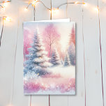 Tarjeta Navidades bonito Pink Winter Wonderland<br><div class="desc">Tarjeta de Navidades de invierno bonito rosado. Un bosque rosa con pinos cubiertos de nieve.</div>