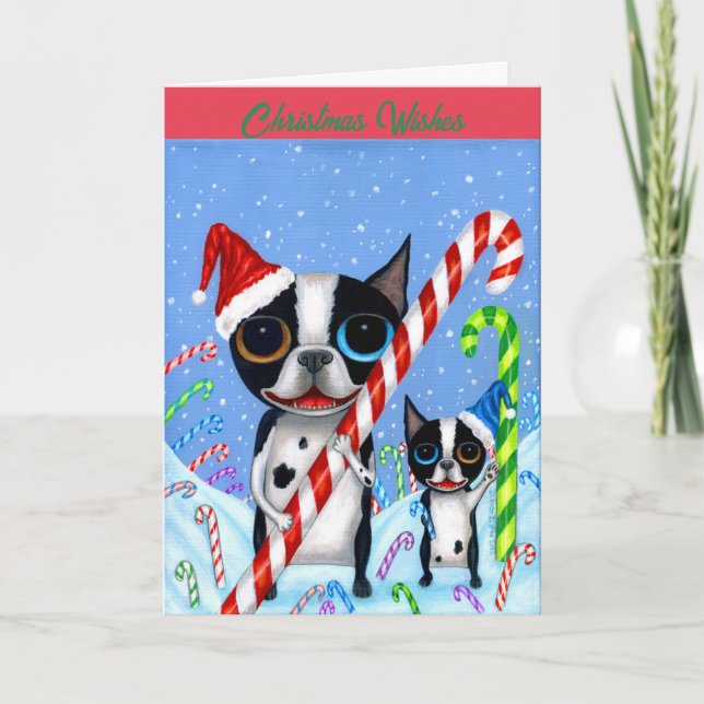 Tarjeta Navidades Boston Terrier Perros Candy Cane Santa H (Anverso)