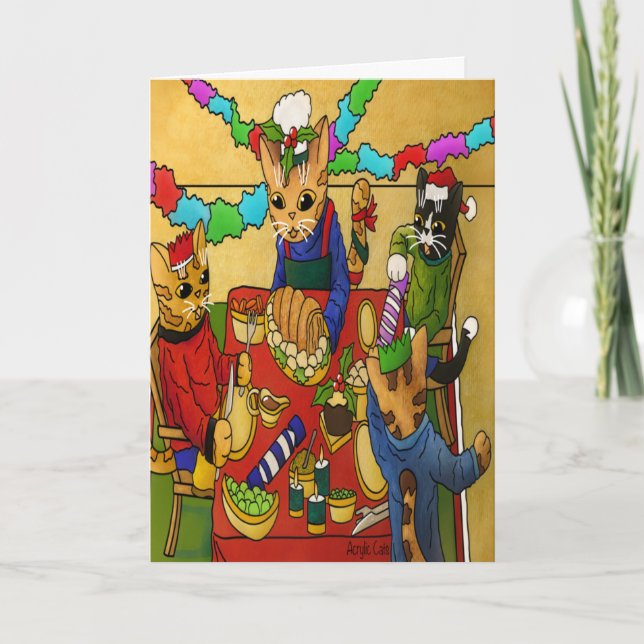 Tarjeta Navidades británicos cenan gatos (Anverso)