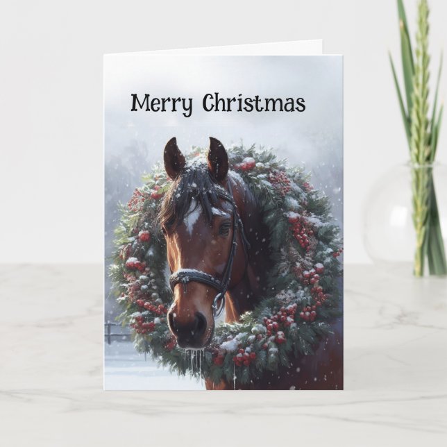 Tarjeta Navidades Brown Horse Wreath (Anverso)