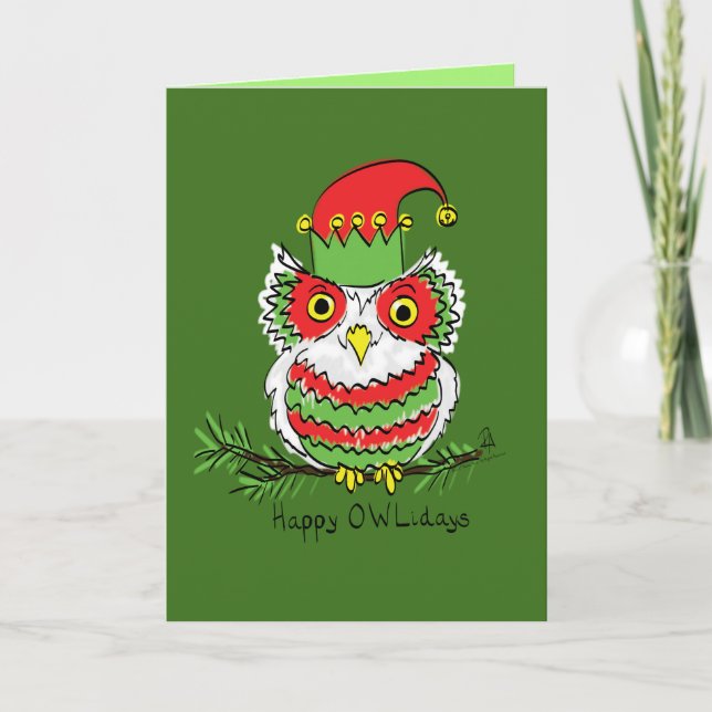 Tarjeta Navidades búhos adoran divertida festividad (Anverso)