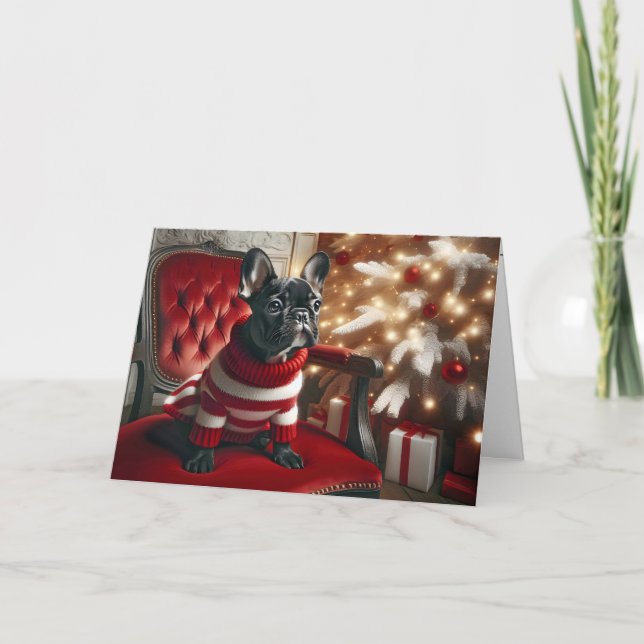 Tarjeta Navidades Bulldog francés negro sobre una silla ro (Anverso)