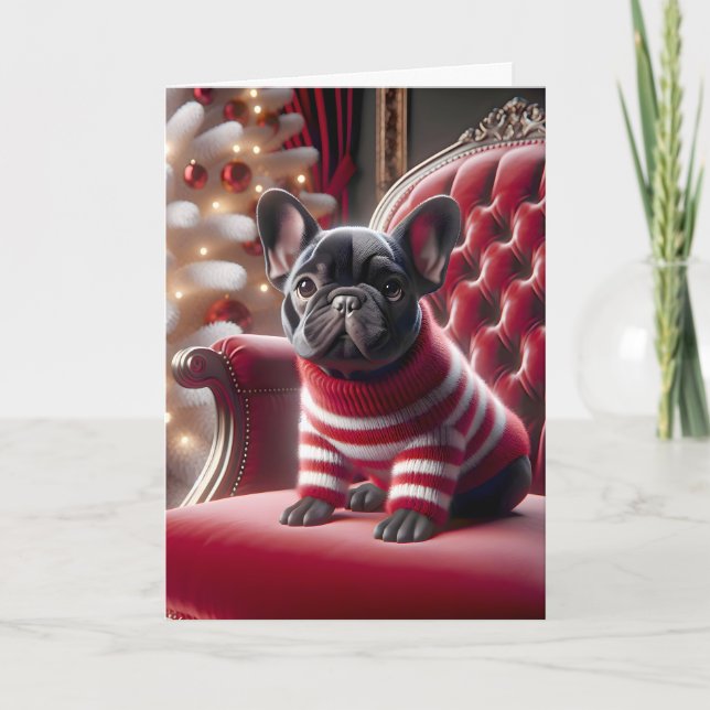 Tarjeta Navidades Bulldog Francés Sobre El Presidente Rojo (Anverso)