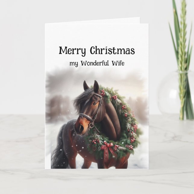 Tarjeta Navidades Caballo Marrón Mujer Maravillosa Wreath (Anverso)