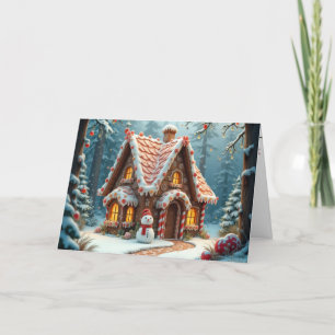 Tarjeta Navidades Cabaña de pan de jengibre con muñeco de