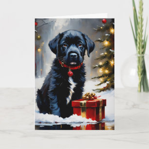 Tarjeta Navidades Cachorro Negro Con Regalo Rojo