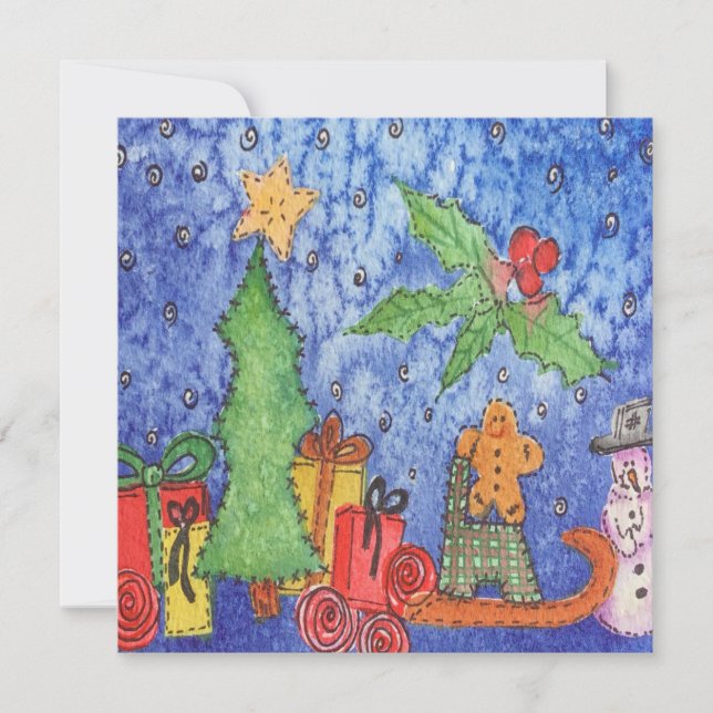 Tarjeta Navidades caprichosos saludan la pintura acuarela (Anverso)