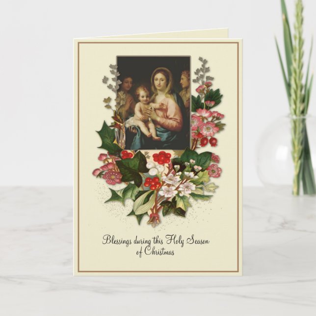 Tarjeta Navidades católicos Virgen María Jesús Floral (Anverso)