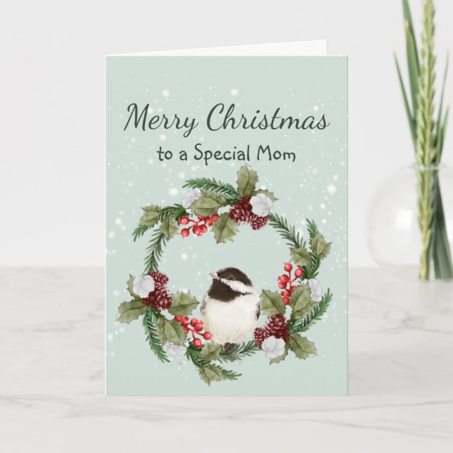 Tarjeta Navidades Chickadee Bird Watercolor Mother (Anverso)