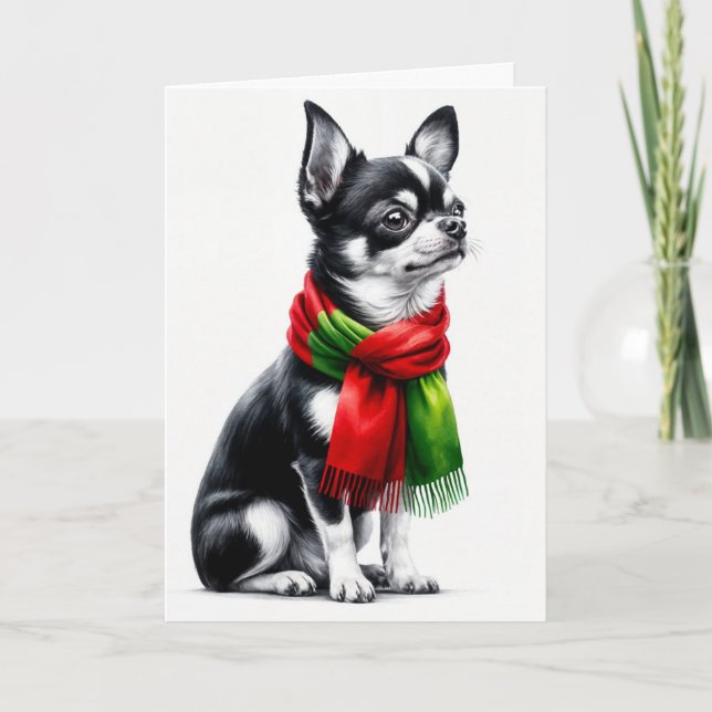 Tarjeta Navidades Chihuahua con bufanda de invierno (Anverso)