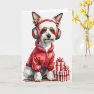Tarjeta Navidades chinos de perros con cama saludando
