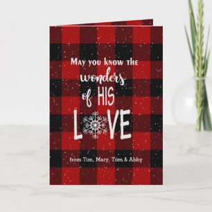 Tarjeta Navidades citan en lumberjack plaid y copos de nie