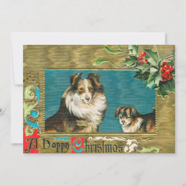 Tarjeta Navidades Collie Dogs Gold Happy de la época de 19 (Anverso)