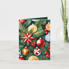 Tarjeta Navidades coloridos con ornamentos de época y foto
