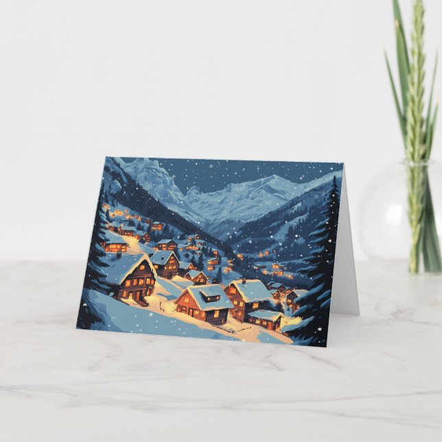 Tarjeta Navidades coloridos iluminan aldea (Anverso)