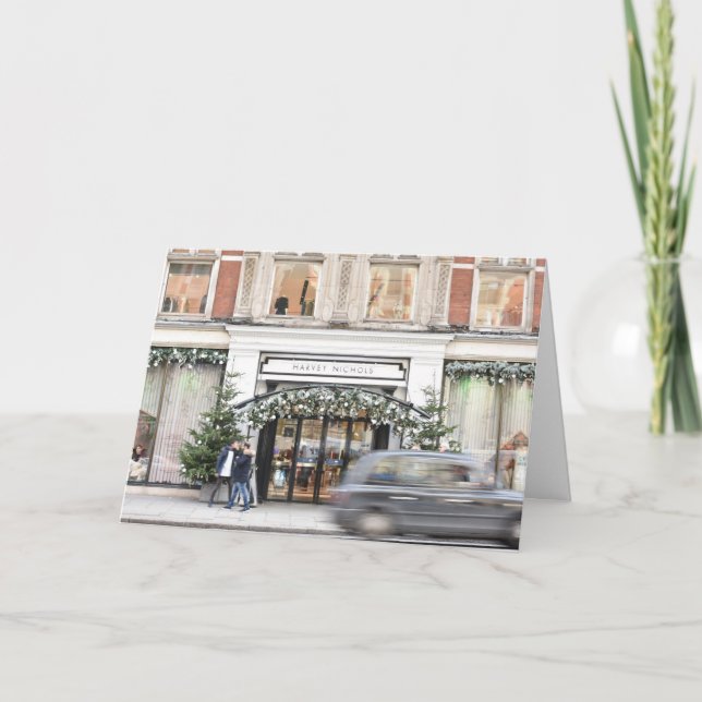 Tarjeta Navidades Comprando Knightsbridge Londres Taxi Rei (Anverso)