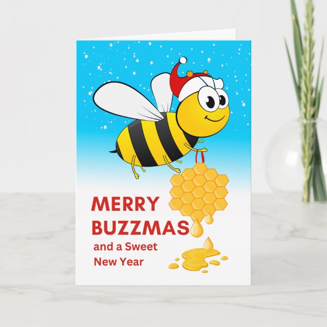 Tarjeta Navidades con abeja Buzzmas con adorno de miel (Anverso)