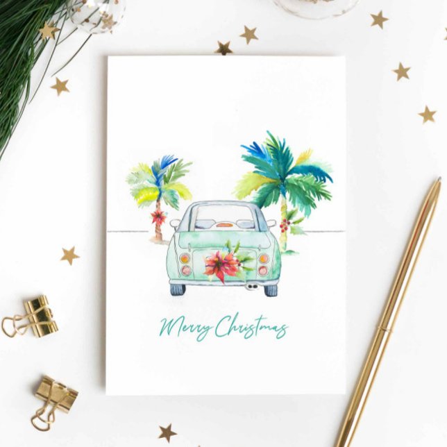 Tarjeta Navidades con acuarela tropical de Florida (Tropical holiday greeting cards features Christmas palm tree and car design by Victoria Grigaliunas)