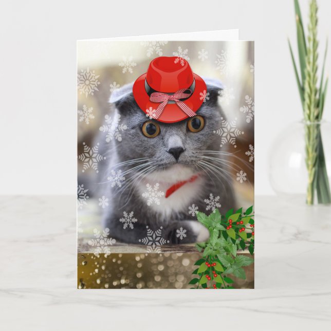 Tarjeta Navidades con gato escocés en Gorra rojo (Anverso)