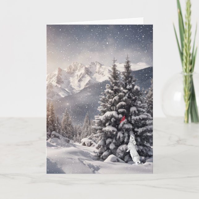 Tarjeta Navidades Conejo Y Cardenales En Copos De Nieve (Anverso)