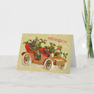 Tarjeta Navidades Cuidados Vintage Car Holly Snow Gold