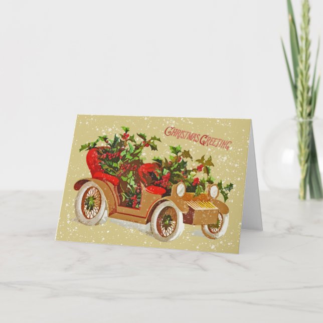 Tarjeta Navidades Cuidados Vintage Car Holly Snow Gold (Anverso)