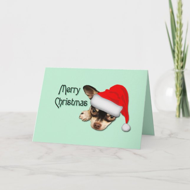 Tarjeta Navidades Cute Black y Tan Chihuahua Santa Hat (Anverso)