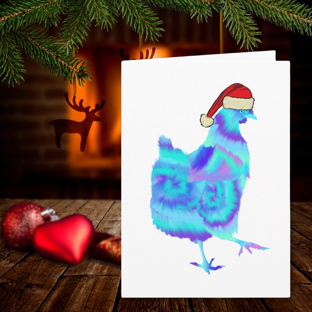 Tarjeta Navidades Danza de Pollo Divertido Festividad dive (Christmas hen wearing a Santa hat colorful chicken dance farm animal art holiday greeting card)