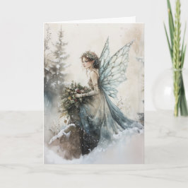 Tarjeta Navidades de acuarela Hada con Bouquet en Nieve