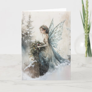 Tarjeta Navidades de acuarela Hada con Bouquet en Nieve