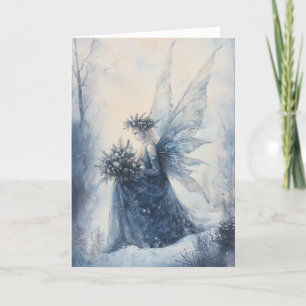 Tarjeta Navidades de acuarela: hadas azules en campo nevad