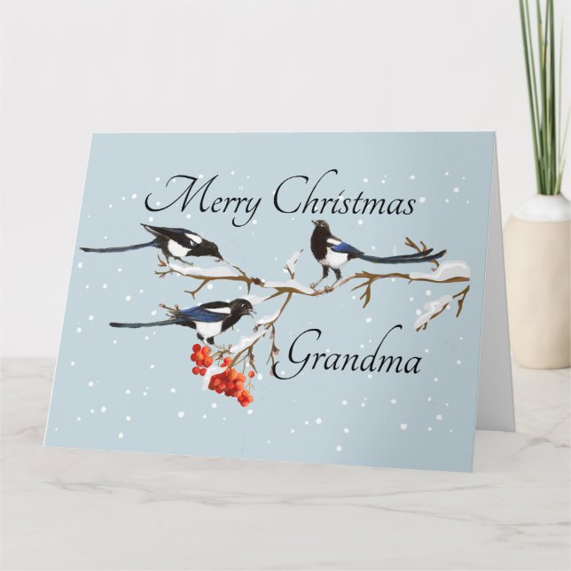 Tarjeta Navidades de acuarela Holly Magpie Bird Abuela (Anverso)