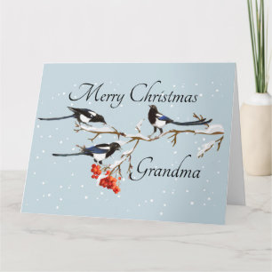 Tarjeta Navidades de acuarela Holly Magpie Bird Abuela