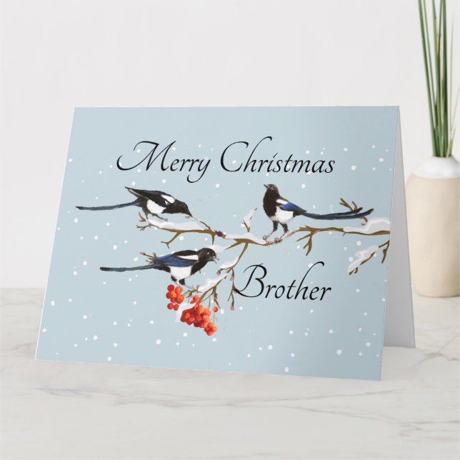 Tarjeta Navidades de acuarela Holly Magpie Bird Brother (Anverso)