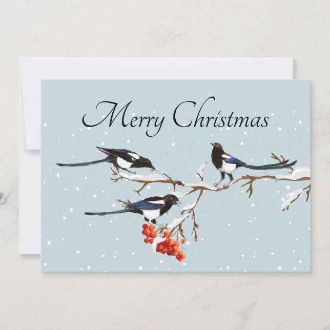 Tarjeta Navidades de acuarela Holly Magpie Bird Nature Art (Anverso)