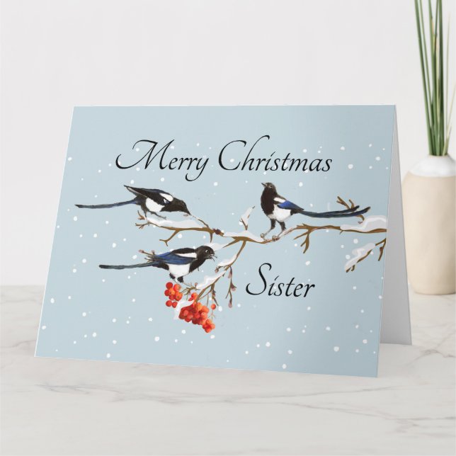 Tarjeta Navidades de acuarela Holly Magpie Bird Sister Art (Anverso)