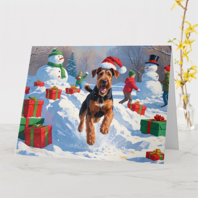 Tarjeta Navidades de Airedale celebran escena de nieve (flor amarilla)